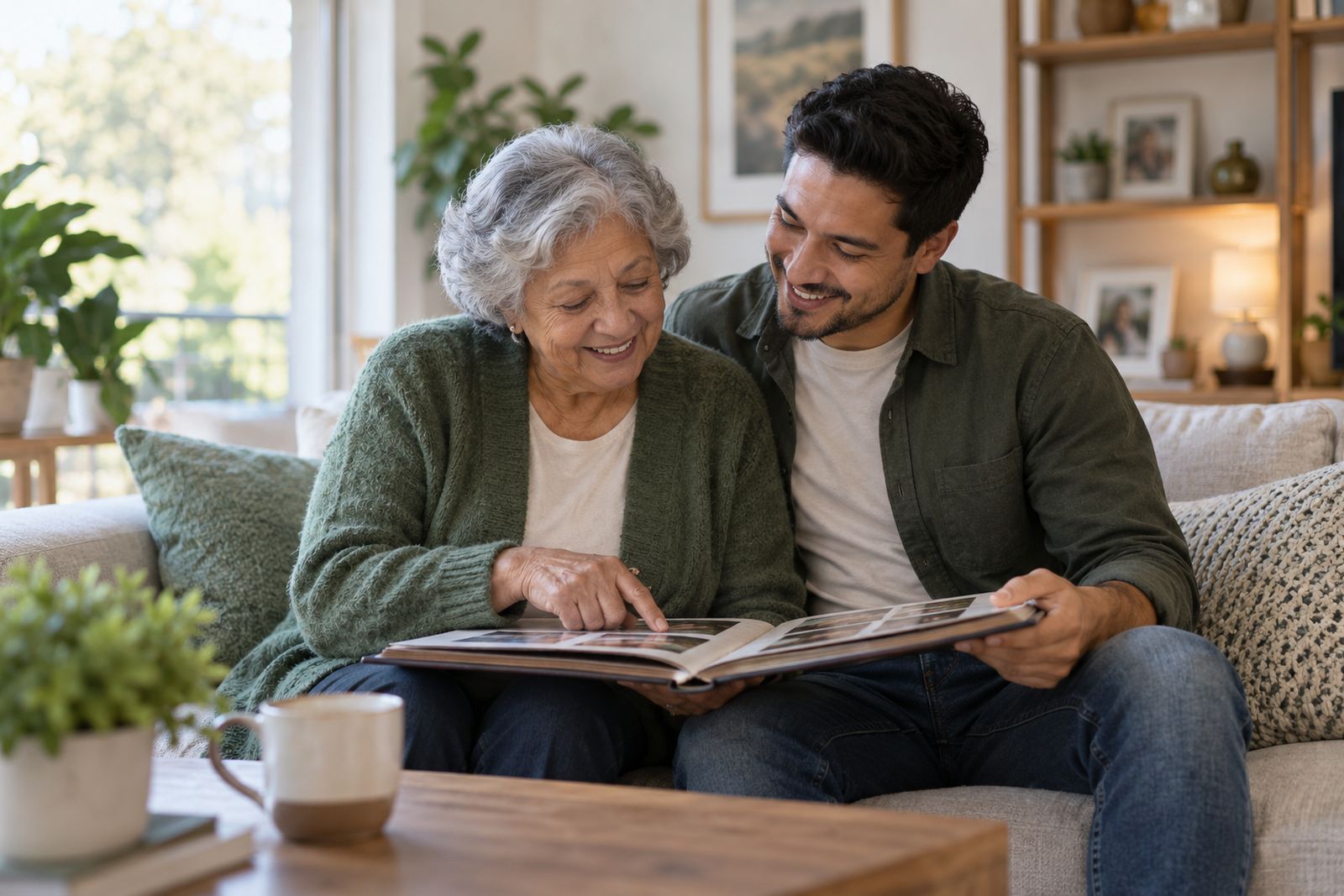 Grandmother and her son looking through a family photo album