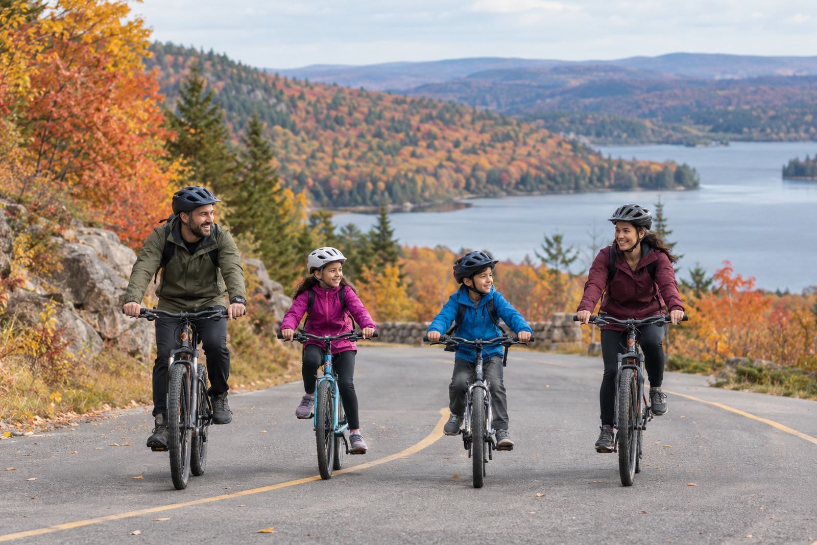 Family cycling in Gatineau Park in the fall