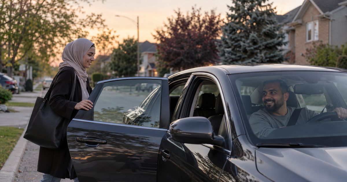 Rideshare driver picking up a passenger at dusk