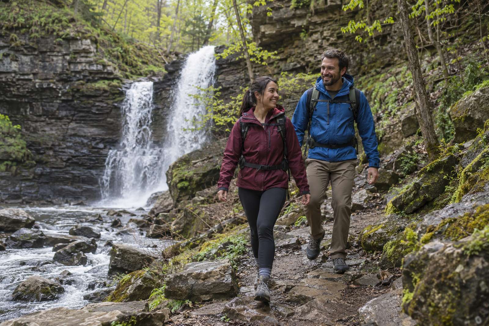 Couple hiking by a waterfall on the Niagara Escarpment in Hamilton