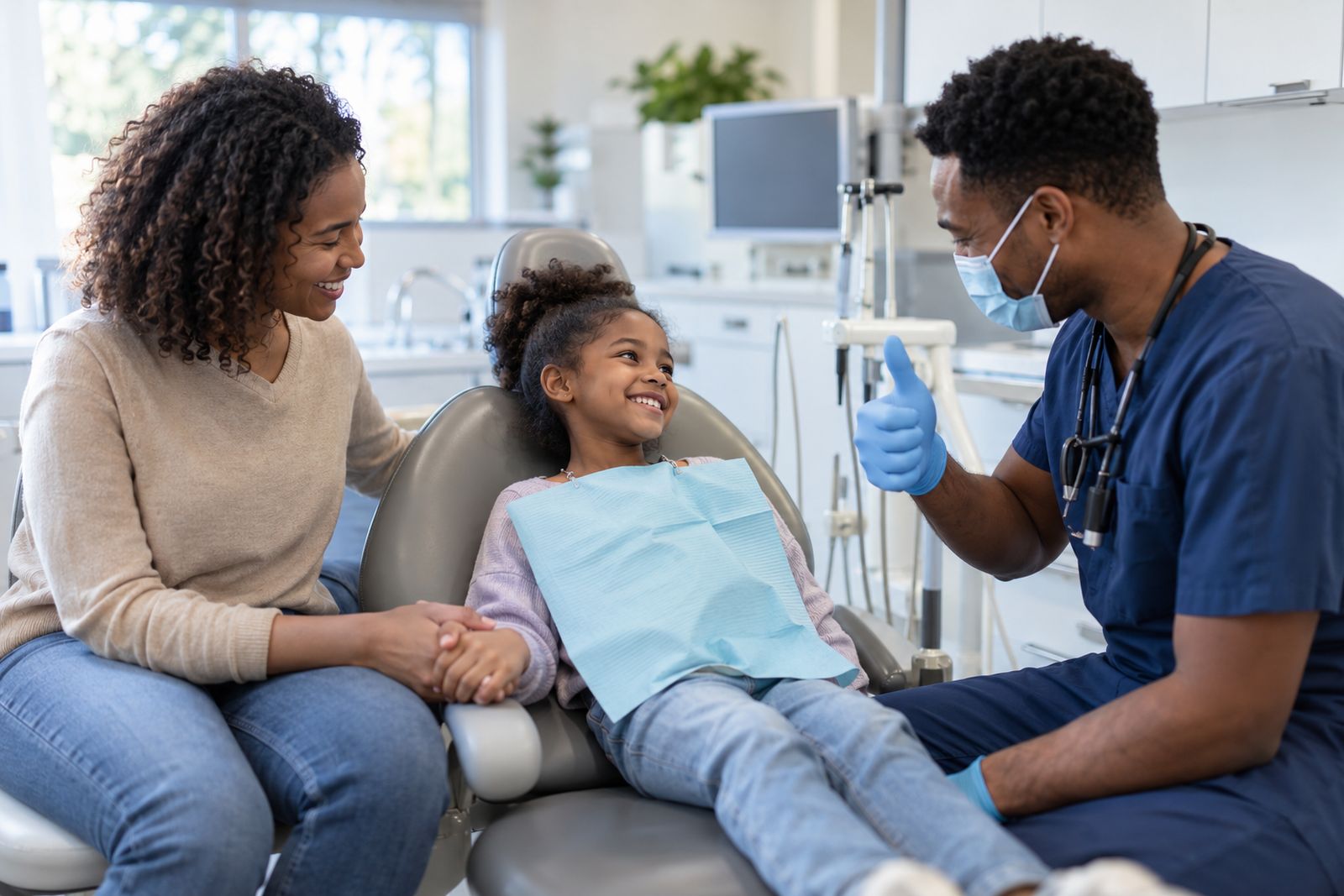 Child smiling at the dentist with a parent
