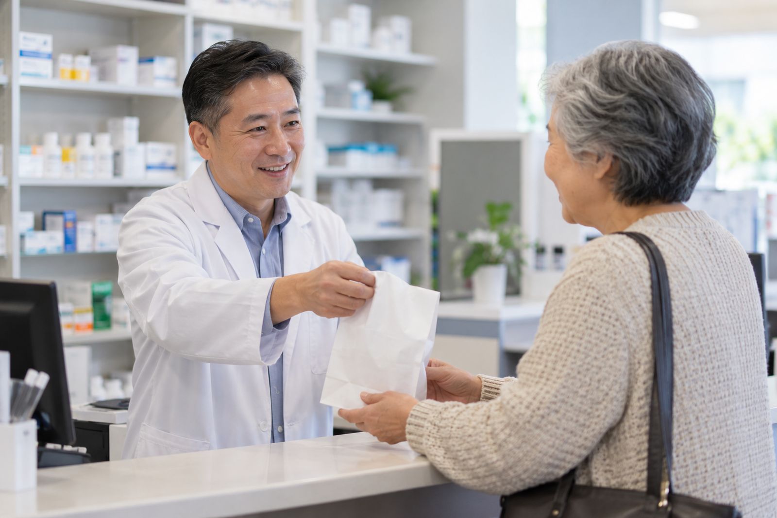 Pharmacist handing a prescription to a customer