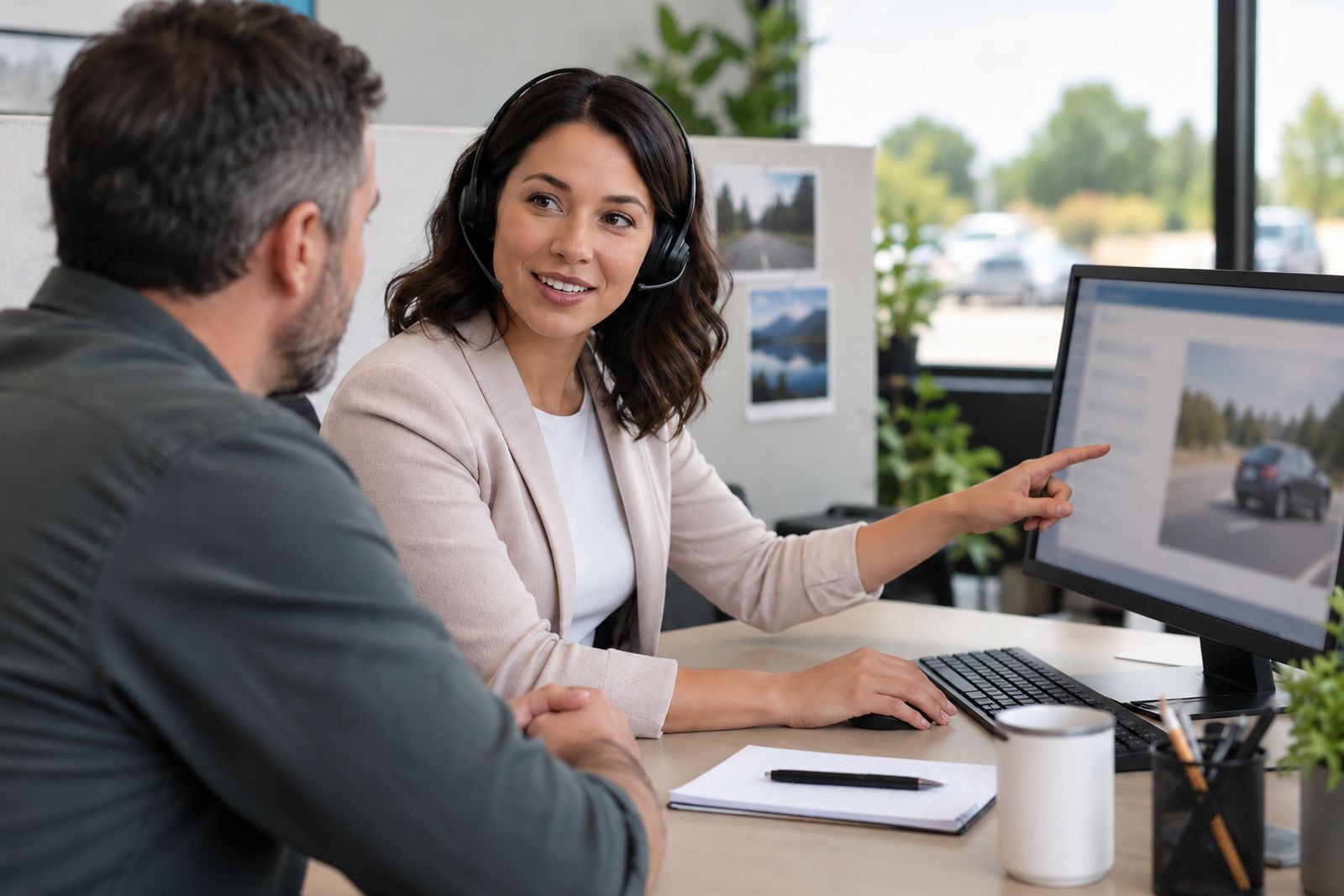 Auto insurance specialist helping a high-risk driver by phone