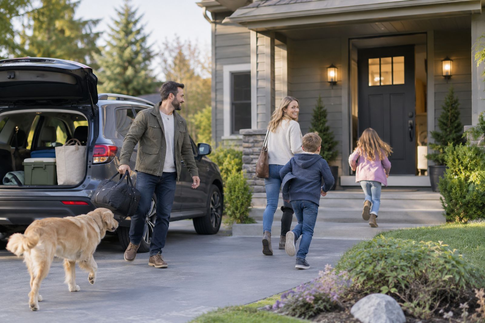 Family arriving home with their car in the driveway