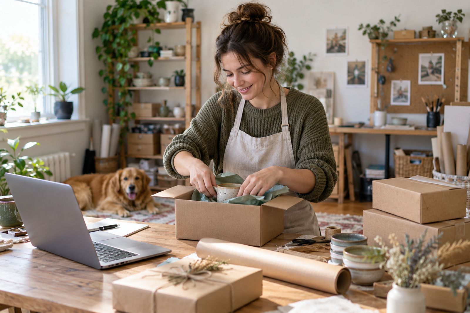 Woman packing orders in her home-based business studio