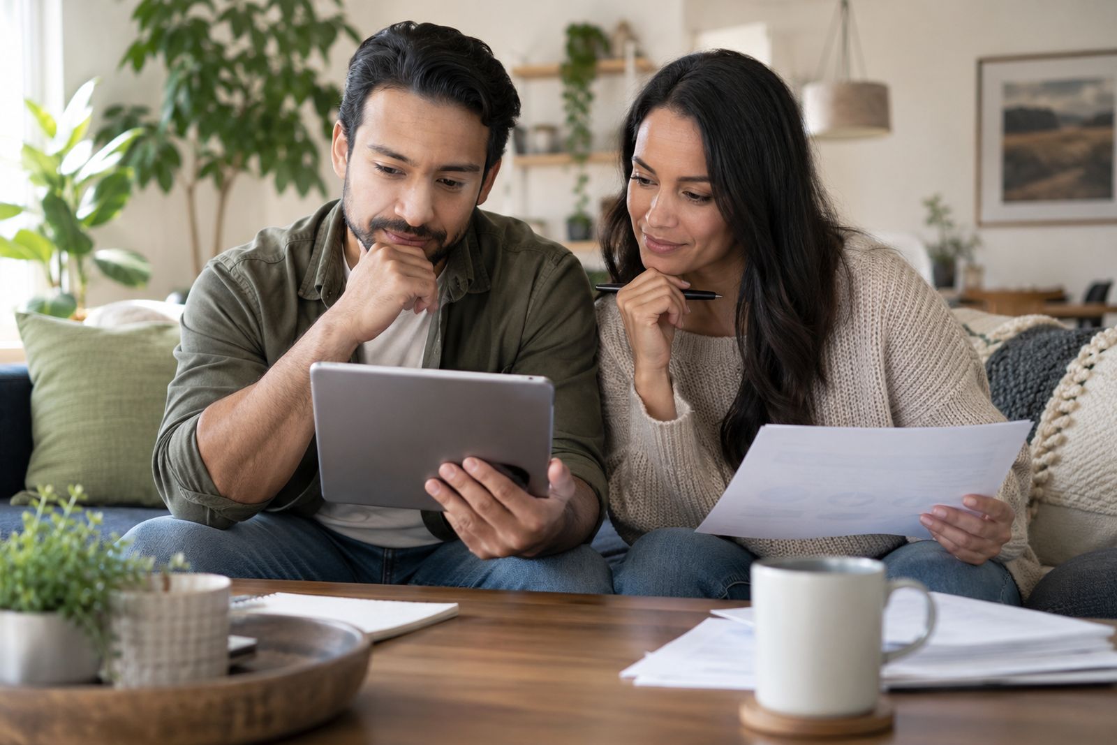 Couple comparing home insurance costs on a tablet