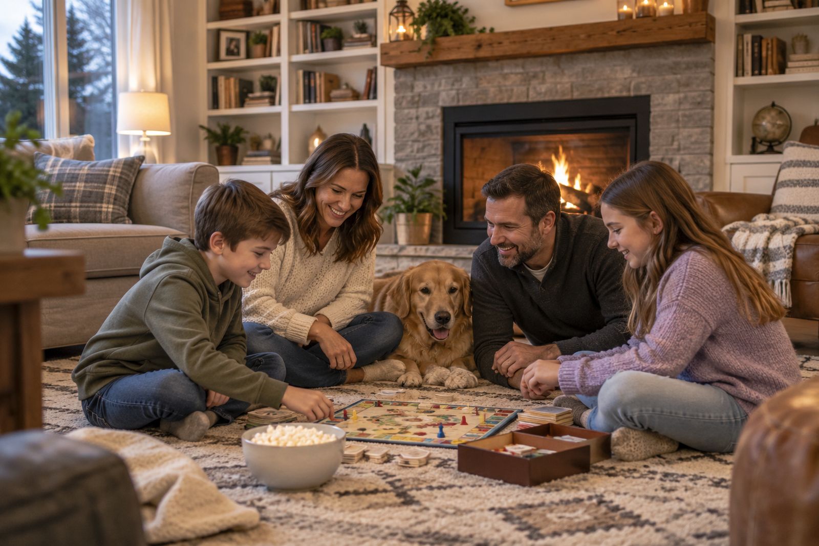 Family playing a board game in their living room