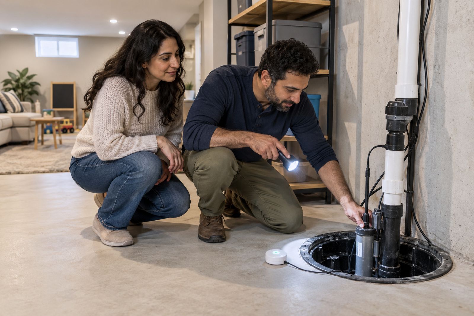 Homeowner checking the sump pump in a finished basement