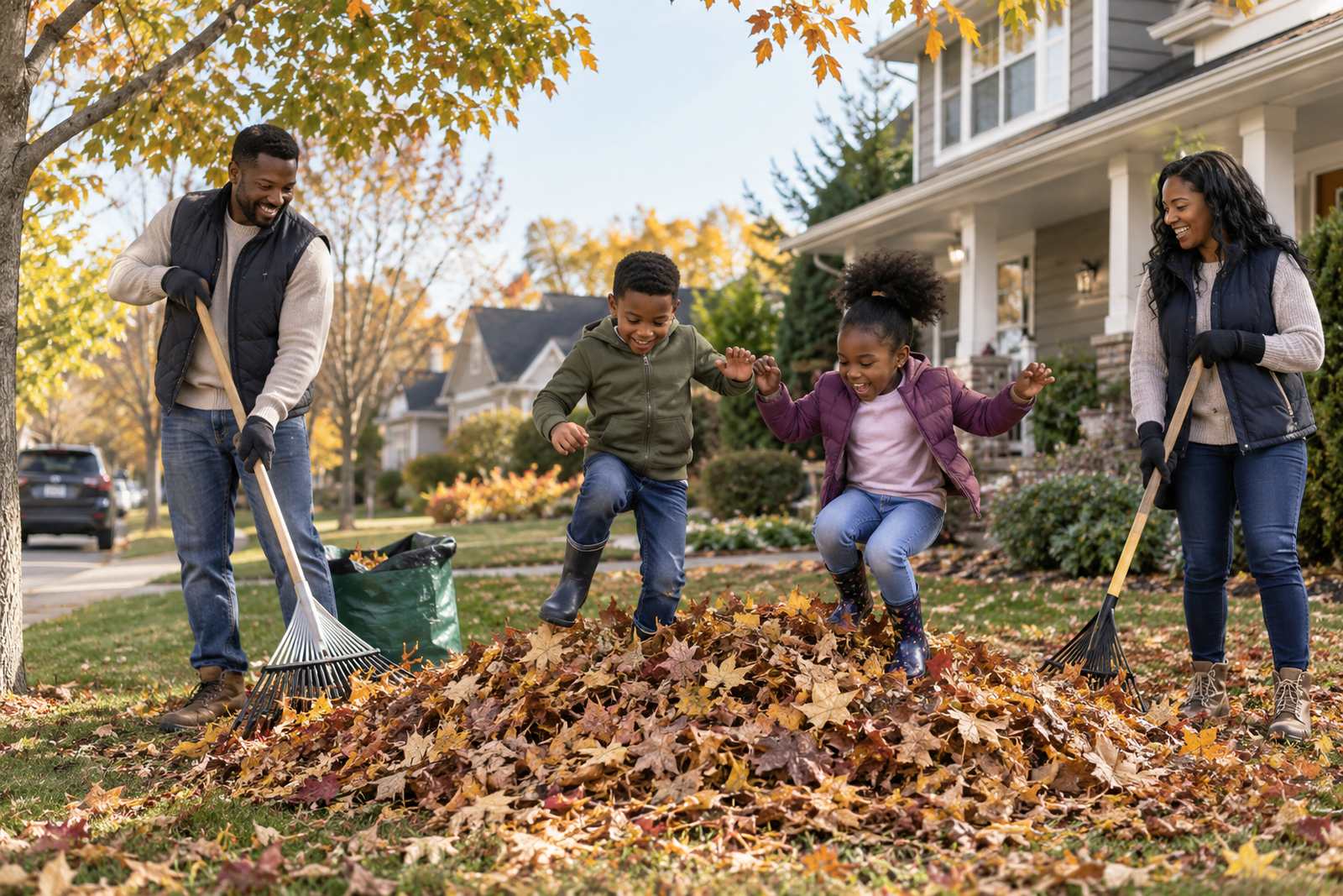 Family raking leaves in front of their house