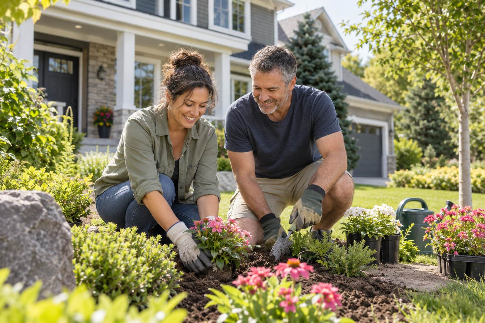 Couple gardening in front of their home