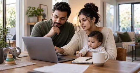 Young parents checking life insurance prices online