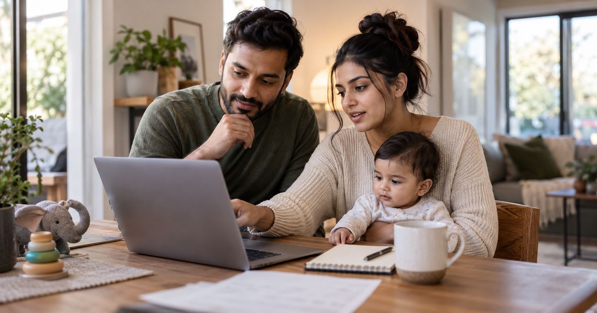 Young parents checking life insurance prices online