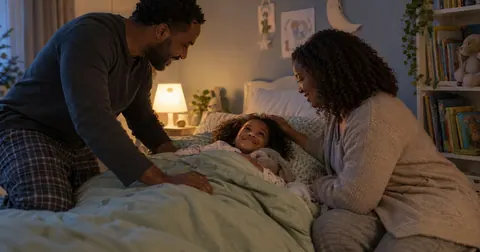 Parents tucking their child into bed
