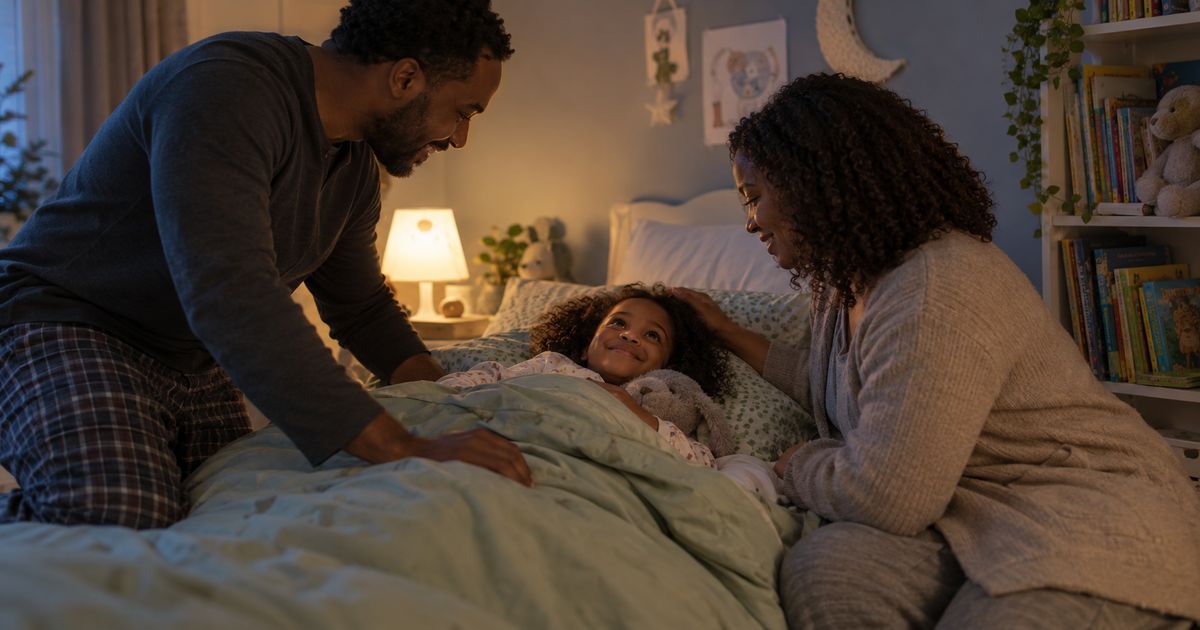Parents tucking their child into bed