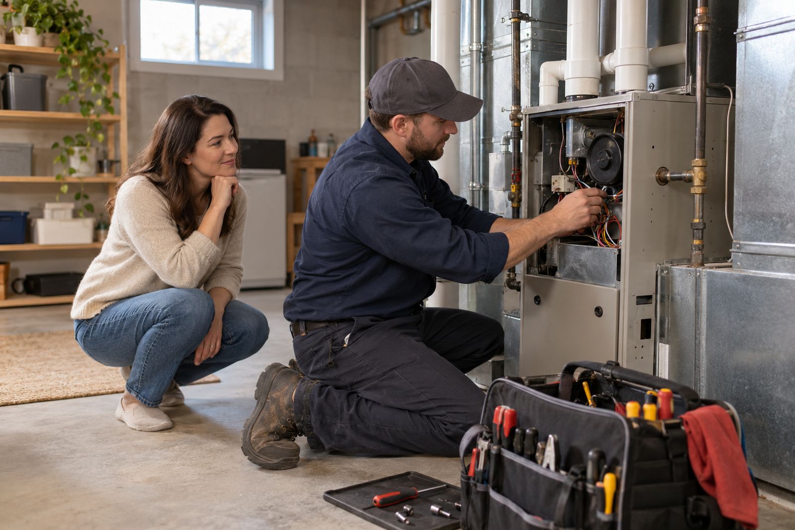 HVAC technician servicing a furnace