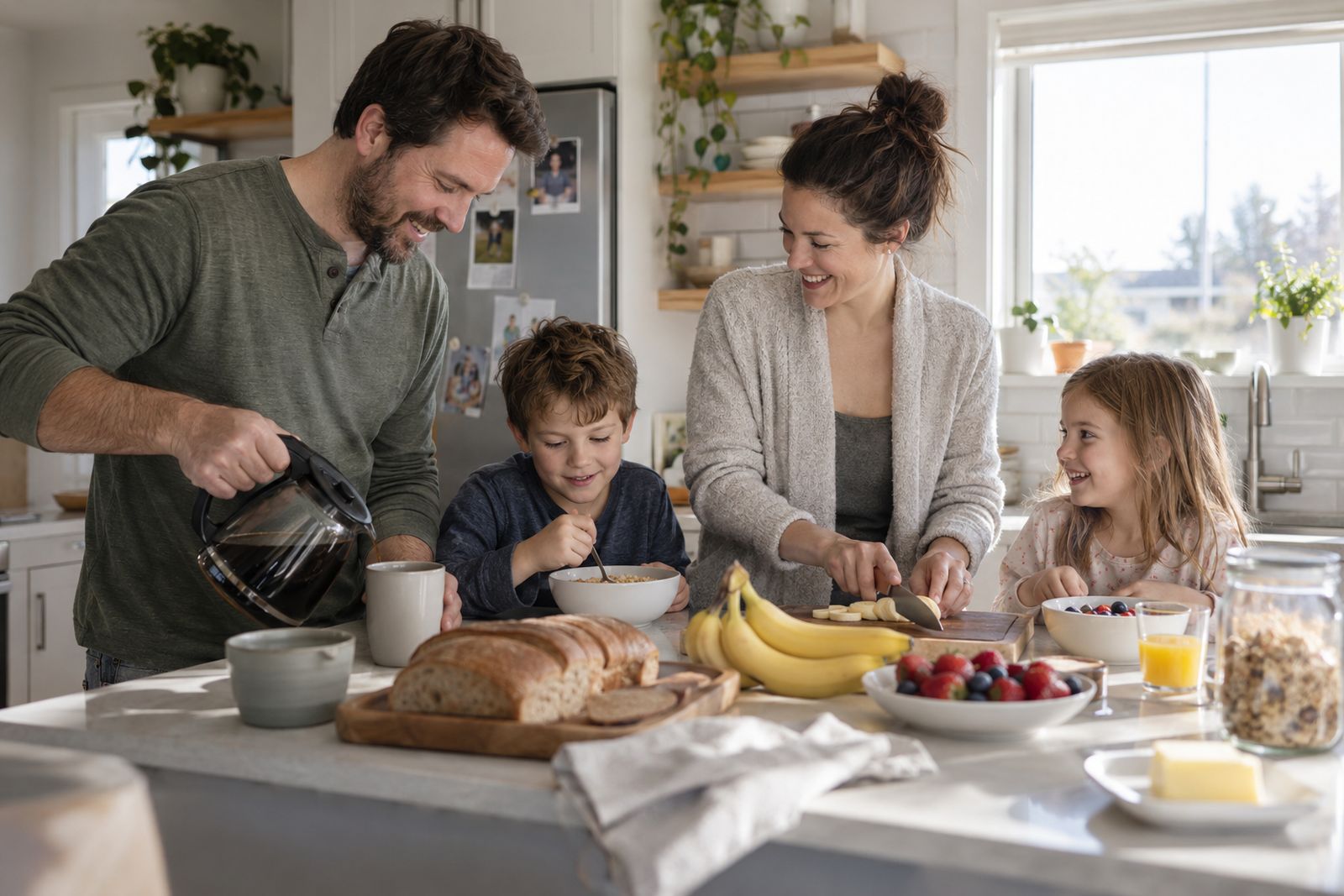 Family preparing breakfast together