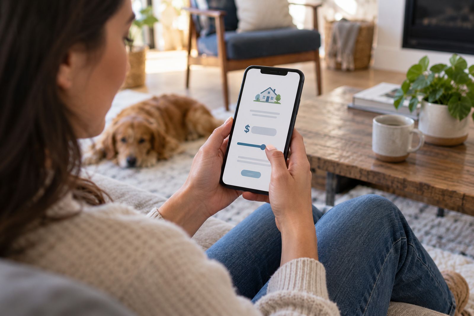 Woman checking an instant insurance estimate on her phone at home