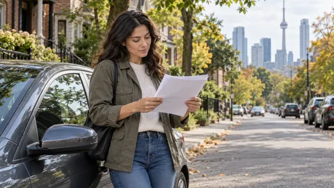 Driver reviewing car insurance paperwork beside a parked compact car on a leafy Toronto residential street with distant apartment buildings — AI-generated illustrative image