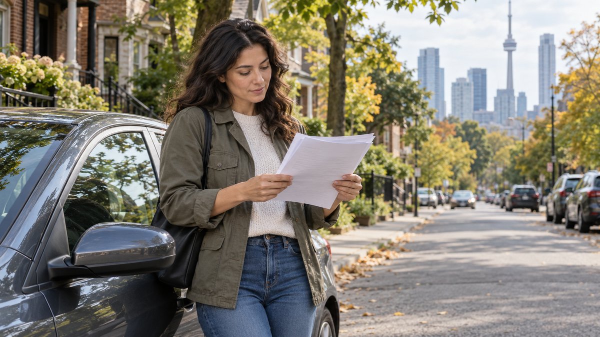 Driver reviewing car insurance paperwork beside a parked compact car on a leafy Toronto residential street with distant apartment buildings — AI-generated illustrative image