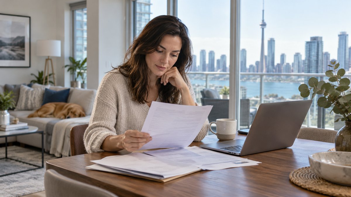 Condo owner reviewing insurance paperwork at a dining table in a bright furnished high rise apartment — AI-generated illustrative image