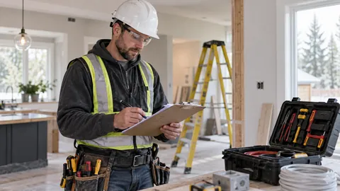 Electrician in safety gear reviewing a job clipboard beside a tool case at a tidy residential renovation site — AI-generated illustrative image