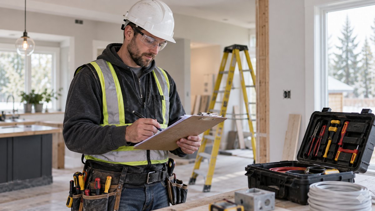 Electrician in safety gear reviewing a job clipboard beside a tool case at a tidy residential renovation site β AI-generated illustrative image