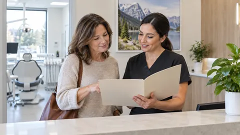 Patient and dental clinic coordinator reviewing a benefits folder at a dental clinic — AI-generated illustrative image