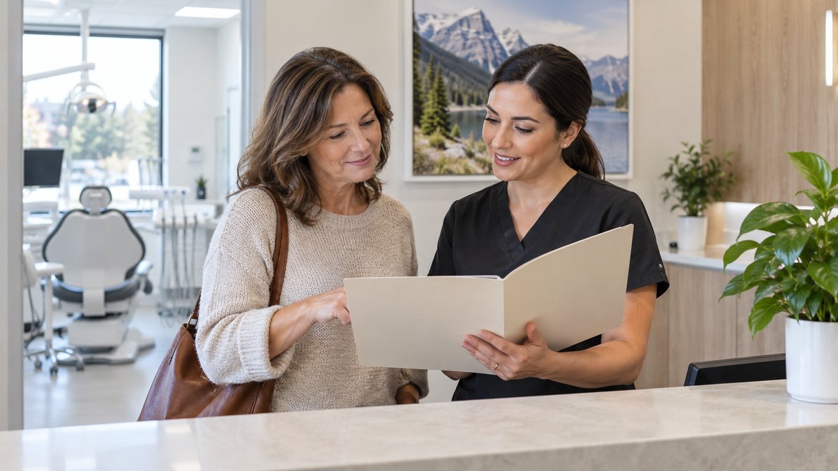 Patient and dental clinic coordinator reviewing a benefits folder at a dental clinic — AI-generated illustrative image