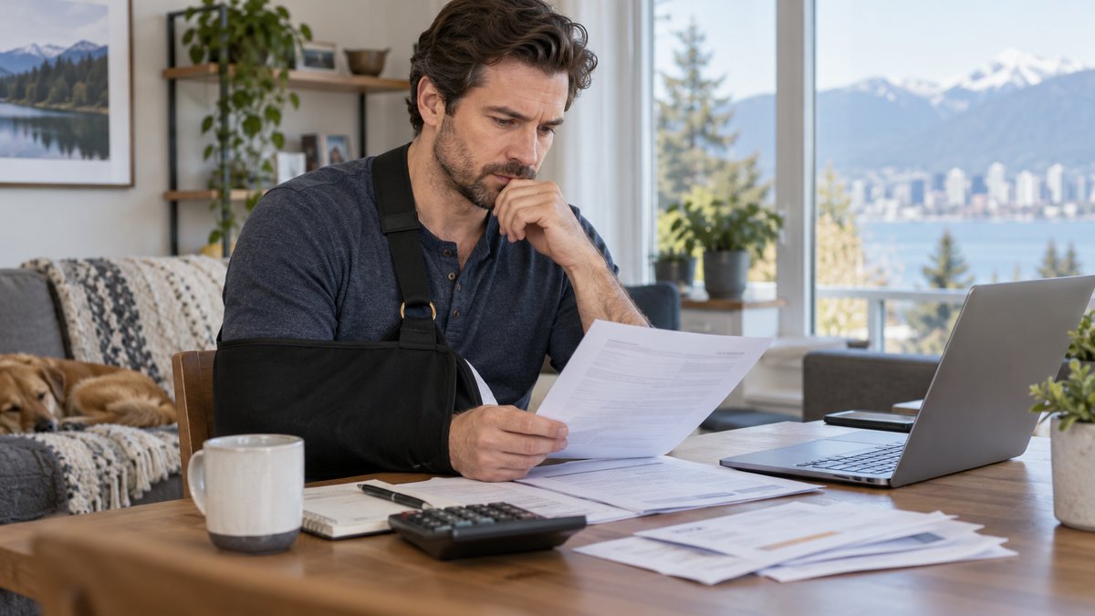 Self-employed professional with an arm sling reviewing household bills and income protection paperwork at a home desk — AI-generated illustrative image