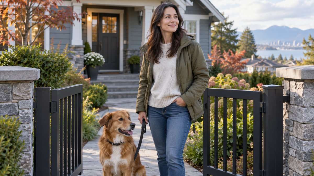 Homeowner standing with a calm leashed medium sized dog at the front gate of a suburban house — AI-generated illustrative image