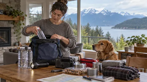 Homeowner arranging an emergency preparedness kit with water flashlight and radio in a British Columbia home, coastal mountain landscape through window — AI-generated illustrative image