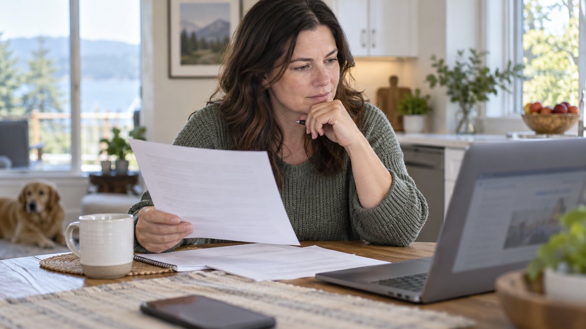 Adult comparing an online insurance estimate with a paper quote at a kitchen table, laptop screen out of focus — AI-generated illustrative image
