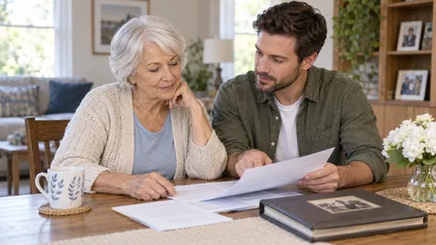 Older woman and adult son calmly reviewing final expense planning documents at home, a small vase of white flowers beside a closed family photo album — AI-generated illustrative image