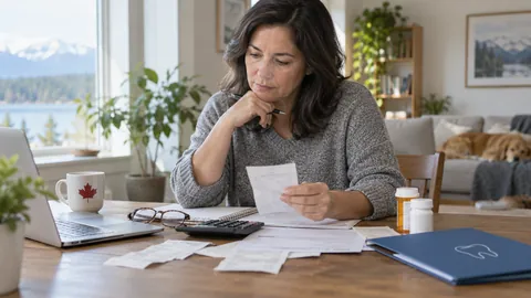 Adult reviewing healthcare expenses at a table with eyeglasses, plain prescription bottles and dental appointment folder — AI-generated illustrative image
