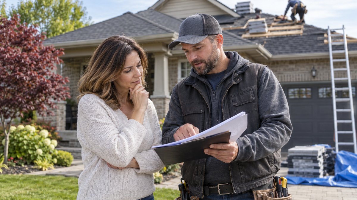 Homeowner and roofing contractor discussing a repair estimate outside a suburban house with roof repairs visible — AI-generated illustrative image