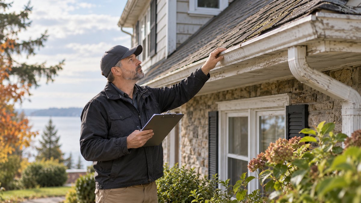 Qualified home inspector inspecting the exterior roofline of an older detached house with a clipboard — AI-generated illustrative image