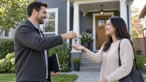 Landlord handing house keys to a tenant outside a well maintained rental house — AI-generated illustrative image