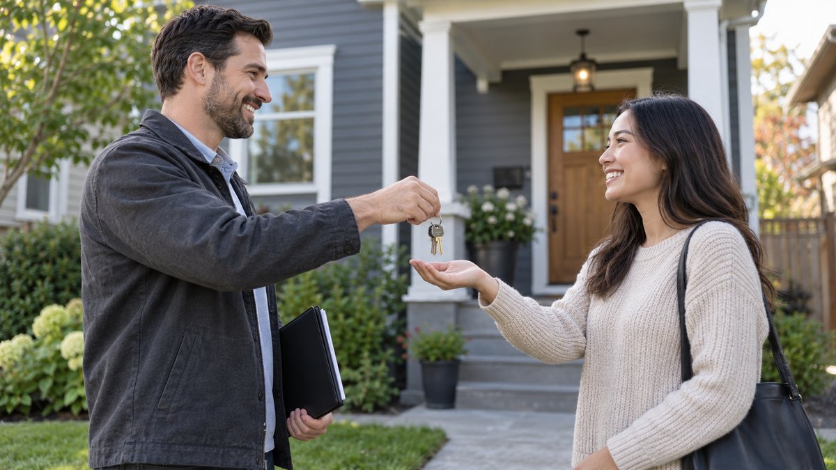 Landlord handing house keys to a tenant outside a well maintained rental house — AI-generated illustrative image