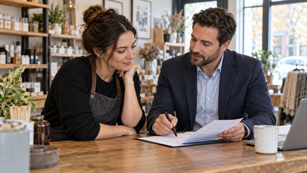 Small shop owner and insurance adviser reviewing liability coverage paperwork at a shop counter — AI-generated illustrative image
