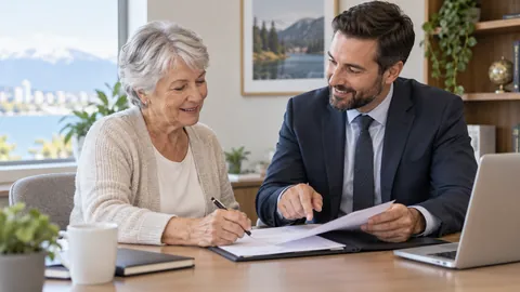 Older adult discussing a life insurance application questionnaire with an adviser in a welcoming office — AI-generated illustrative image