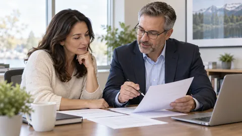 Adult beneficiary reviewing life insurance and tax documents with a financial adviser at a quiet office desk — AI-generated illustrative image