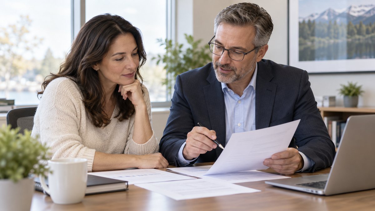 Adult beneficiary reviewing life insurance and tax documents with a financial adviser at a quiet office desk — AI-generated illustrative image