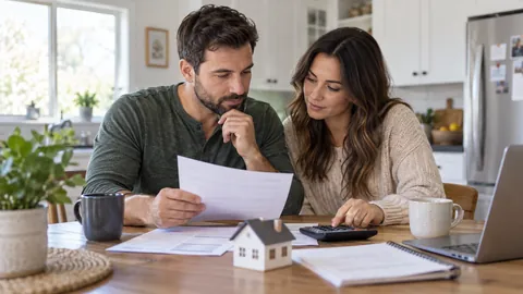 Couple reviewing mortgage life insurance costs at a kitchen table with a small house model and calculator — AI-generated illustrative image