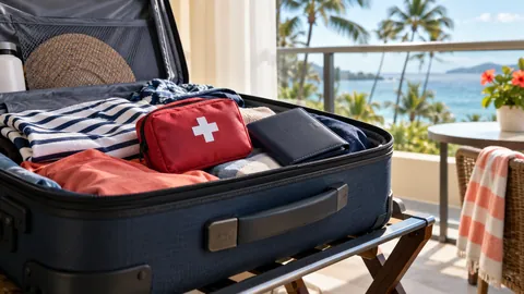 Travel suitcase with a first-aid pouch and travel wallet in a hotel room abroad