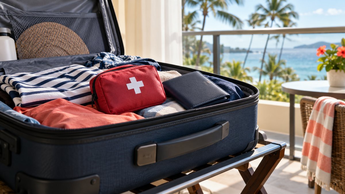 Travel suitcase with a first-aid pouch and travel wallet in a hotel room abroad