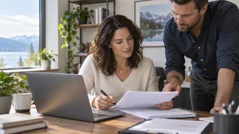 Independent consultant reviewing a client contract and project notes beside a laptop in a small office — AI-generated illustrative image