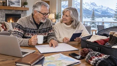 Older Canadian couple planning a long winter trip with a calendar, travel documents and open suitcase at home — AI-generated illustrative image