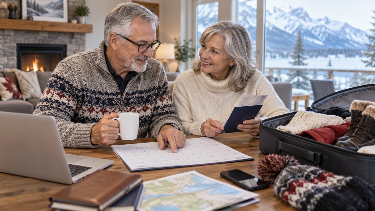 Older Canadian couple planning a long winter trip with a calendar, travel documents and open suitcase at home — AI-generated illustrative image