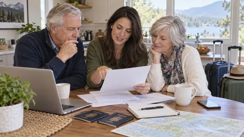 Adult daughter and visiting older parents comparing travel insurance documents beside passports and luggage at a kitchen table — AI-generated illustrative image