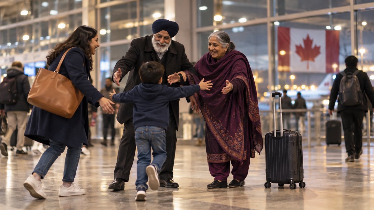 Grandparents greeting their daughter and grandson at an airport arrivals hall